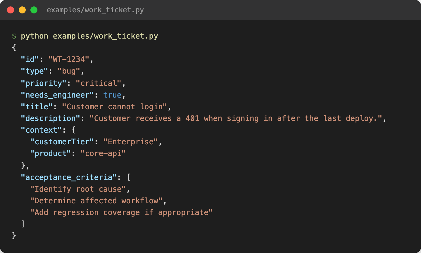 Terminal output of examples/work_ticket.py